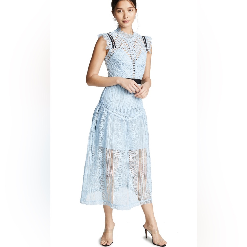 Self-Portrait Pale Blue Crochet Midi Dress